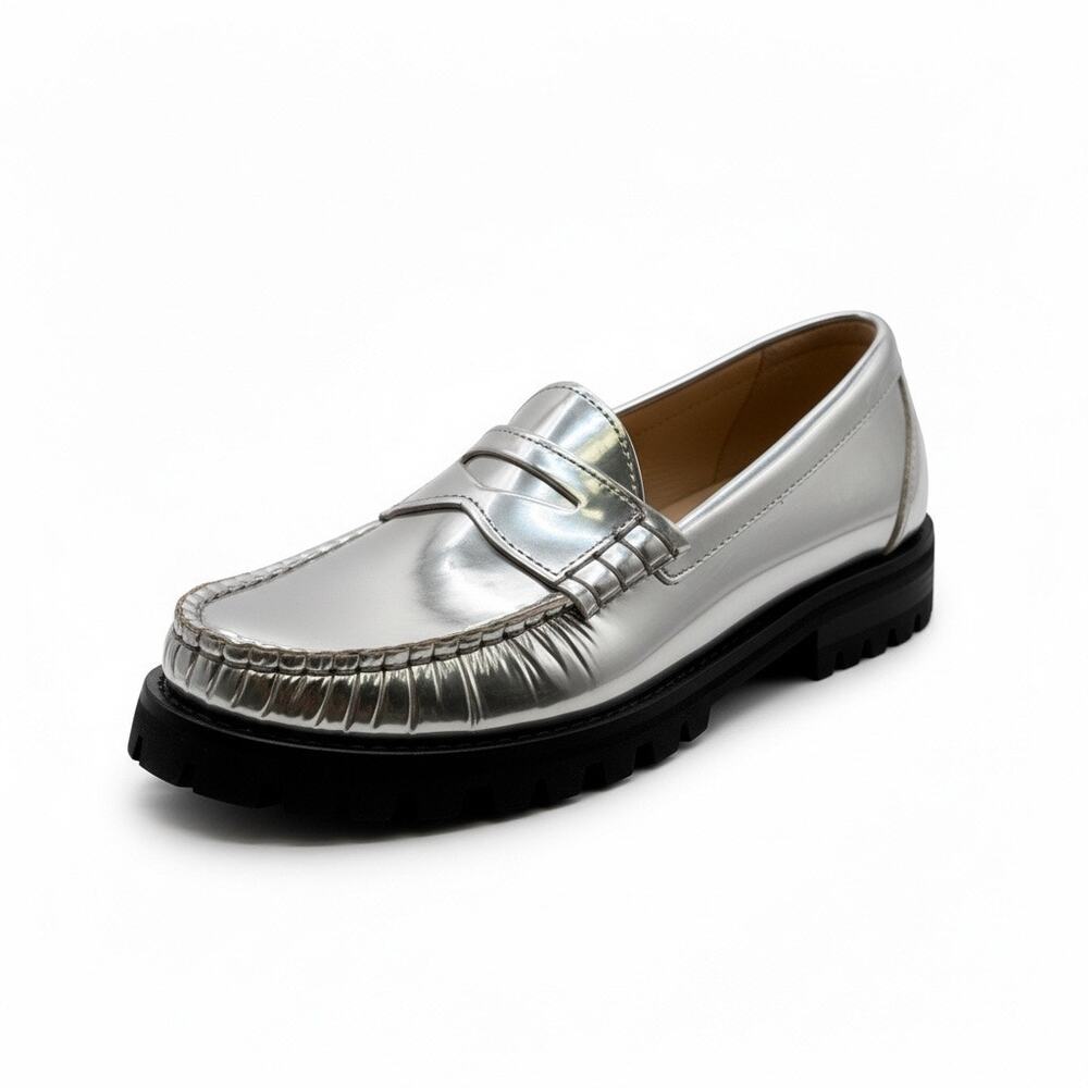 J.Crew Silver Penny Loafers Winona Metallic Leather Chunky Lug Sole NEW Size 7.5